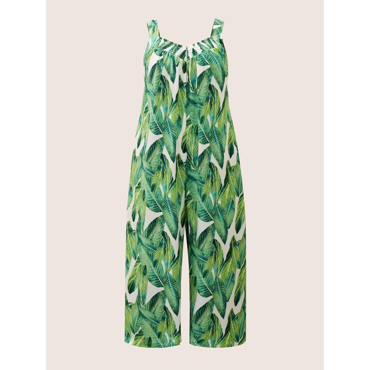 Plus Size Green Tropical Print Shirred Side Seam Pocket Jumpsuit Women Resort Sleeveless Non Vacation Loose Jumpsuits BloomChic 14-16/1X Product Image