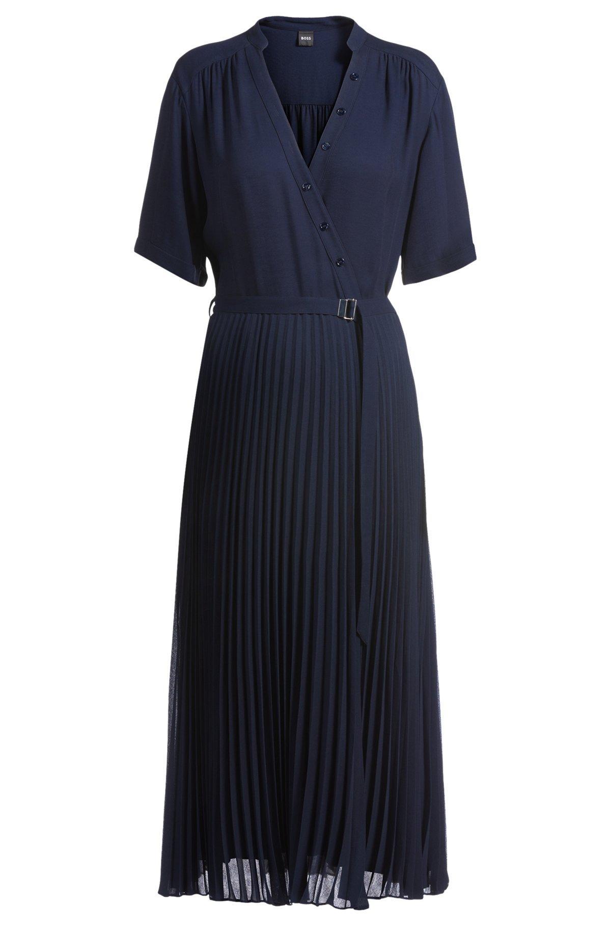 BOSS - Belted dress with plissé skirt - Dark Blue Product Image