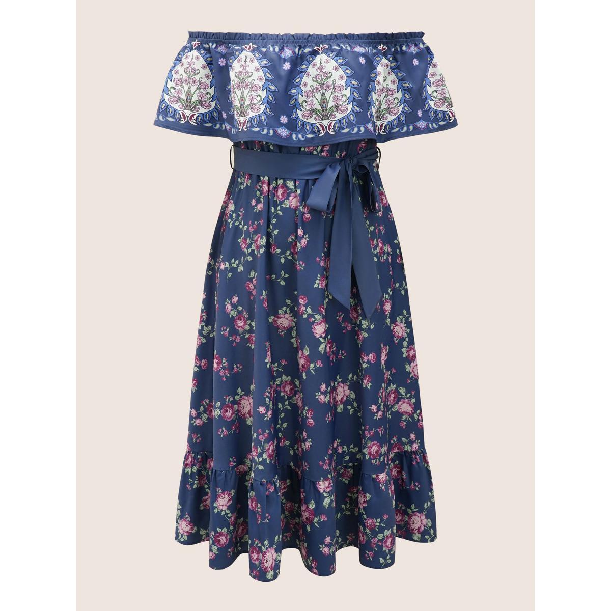Plus Size Floral Off Shoulder Belted Frill Trim Dress SlateGray Women Resort Gathered One-shoulder neck Short sleeve Curvy Midi Dress BloomChic 22-24/3X Product Image