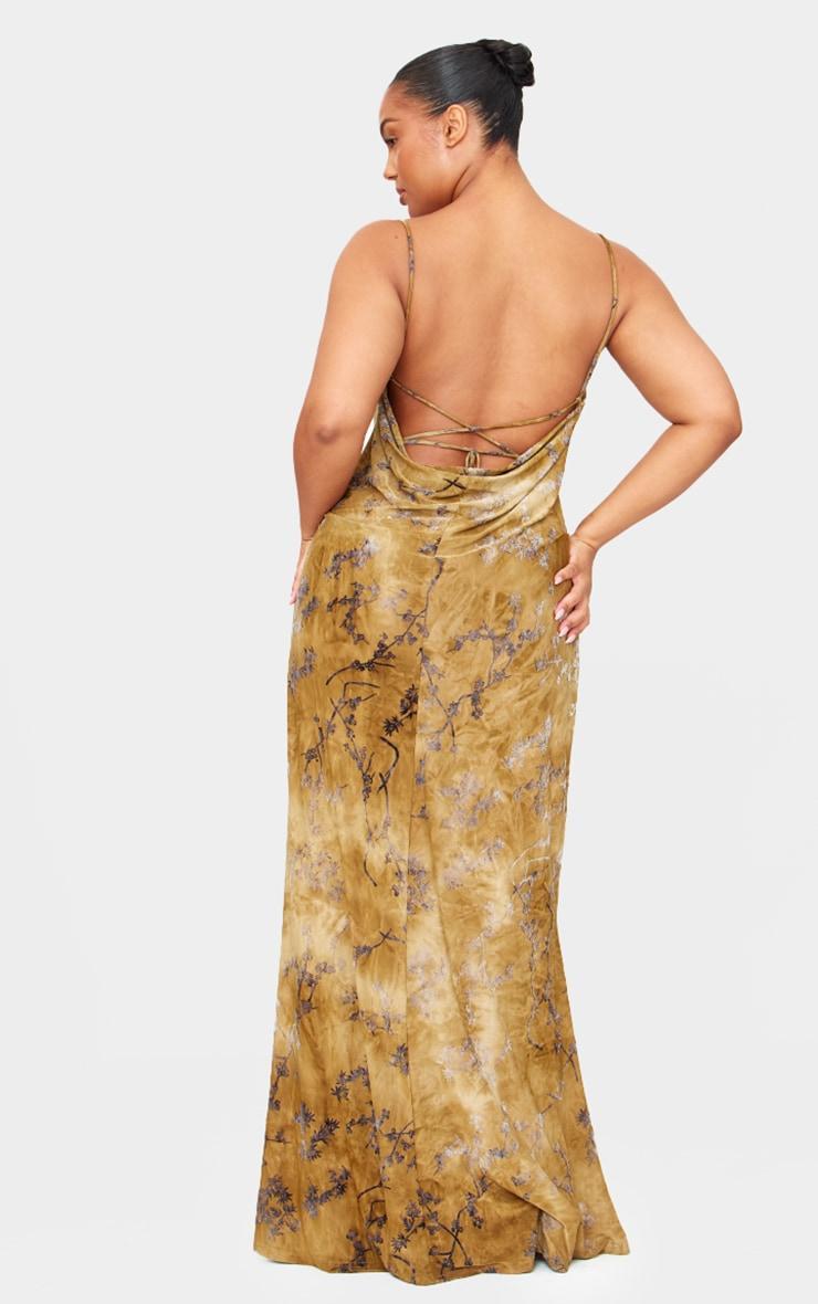 Plus Green Devore Cowl Neck Lace Up Back Maxi Dress Product Image