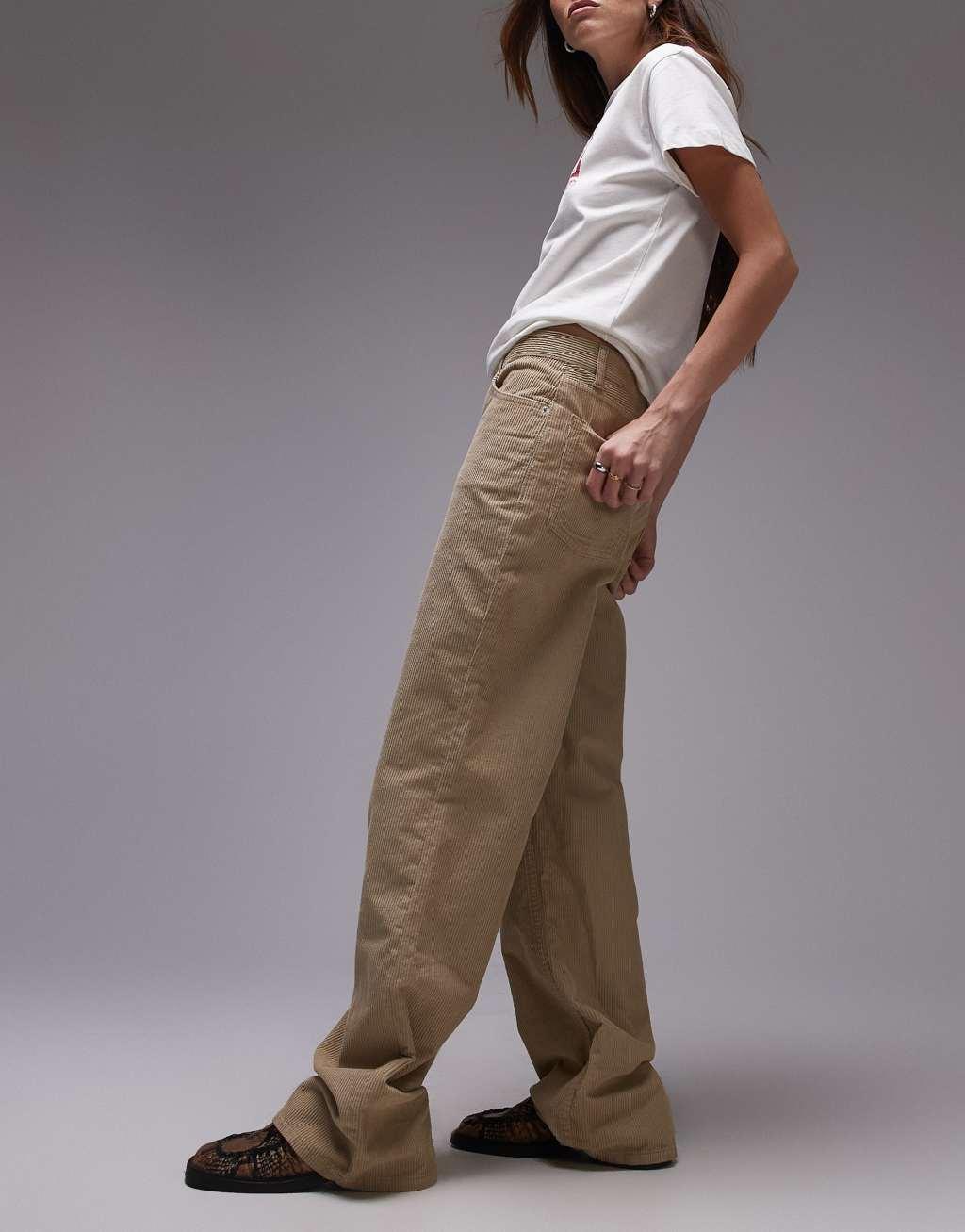 Topshop cord Ember low rise wide leg jeans in buttermilk Product Image