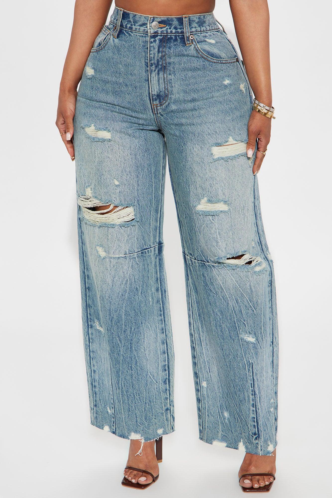 Bexy Destructed Barrel Wide Leg Jeans - Medium Wash Product Image