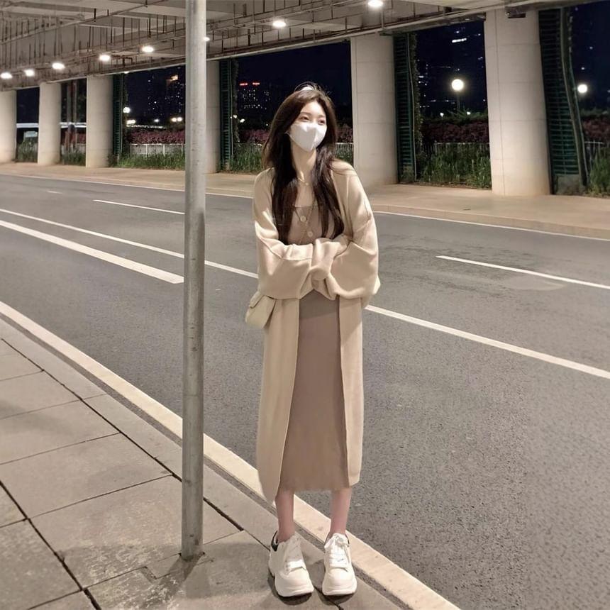 Plain Midi Open Front Cardigan / Scoop Neck Plain Button Slit Ribbed Knit Midi Sheath Tank Dress / Set Product Image
