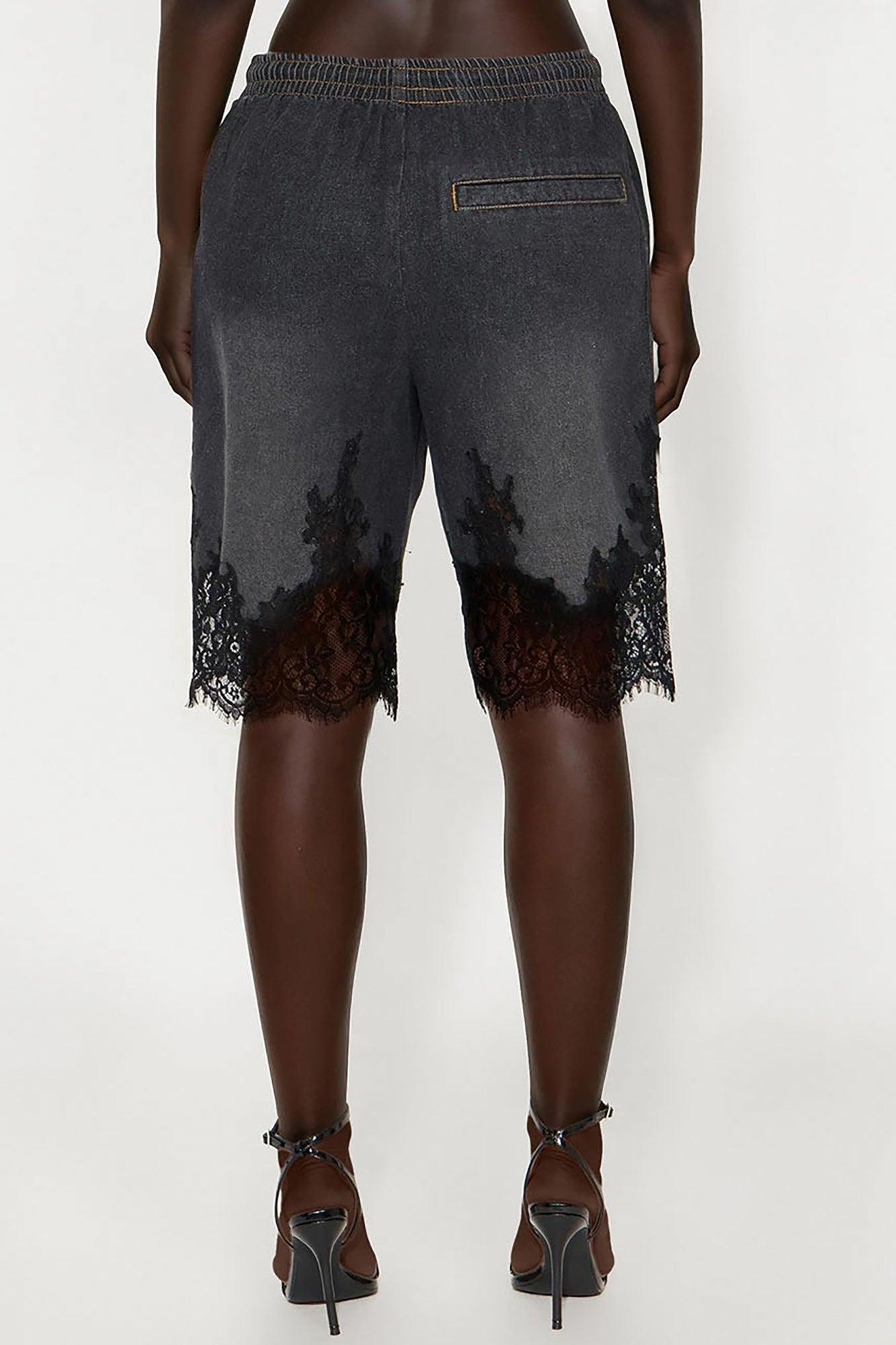 Making Things Happen Lace Trim Denim Jorts - Black Wash Product Image