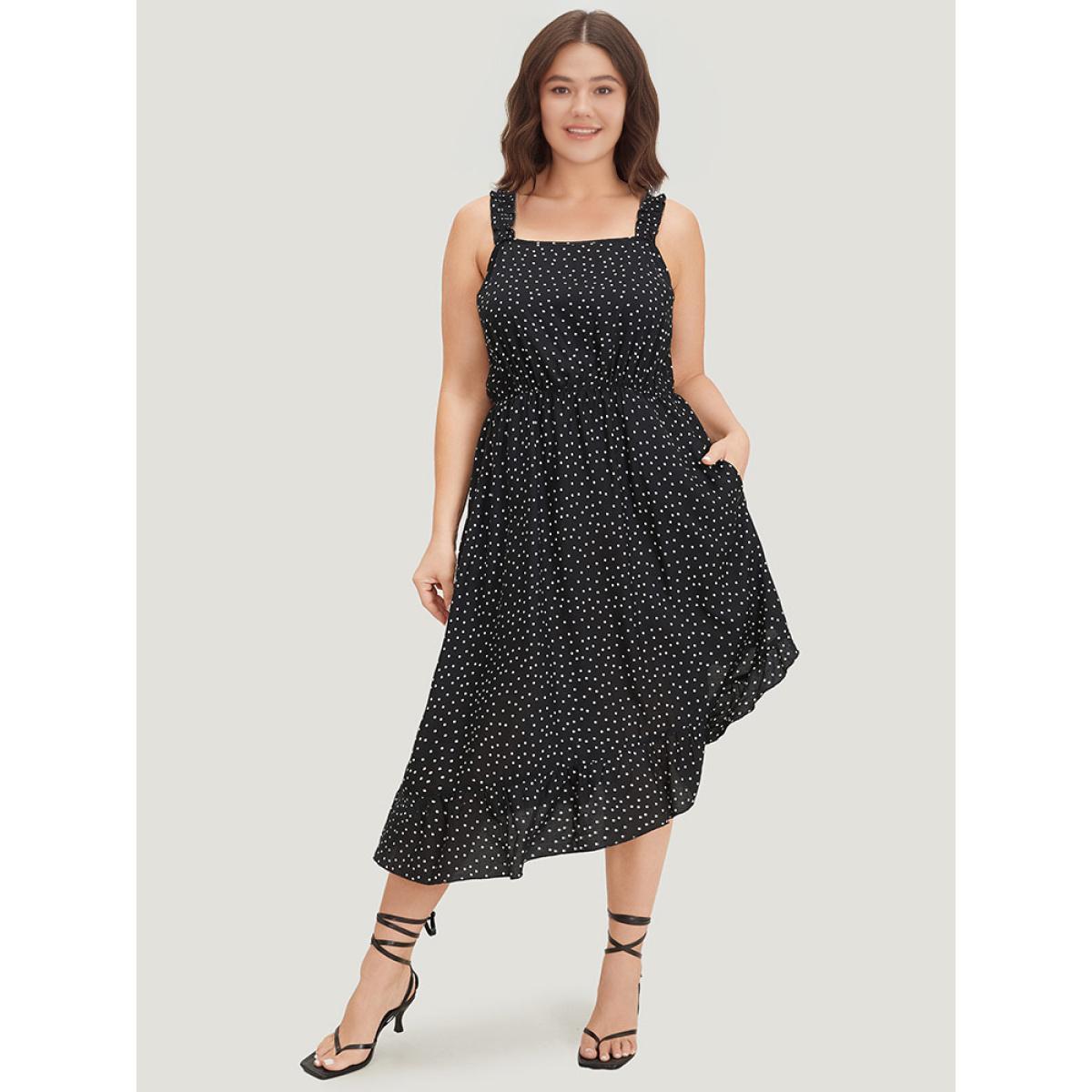 Plus Size Polka Dot Square Neck Ruffle Asymmetrical Hem Cami Dress Black Women Elegant Gathered Spaghetti Strap Sleeveless Curvy Midi Dress BloomChic 10/M Product Image