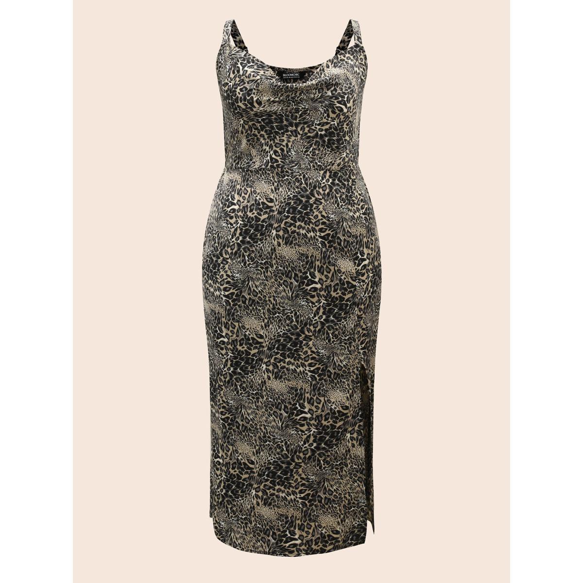 Plus Size Cowl Neck Leopard Print Maxi Dress Leopard Women Elegant Slit Cowl Neck Sleeveless Curvy BloomChic 30/6X Product Image