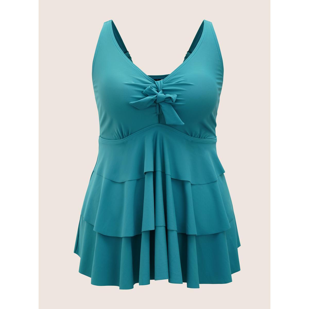 Plus Size Knotted Front Ruffle Tiered Tankini Top Women's Swimwear Turquoise Beach Ruffles High stretch Bodycon V-neck Curve Swim Tops BloomChic 10/M Product Image