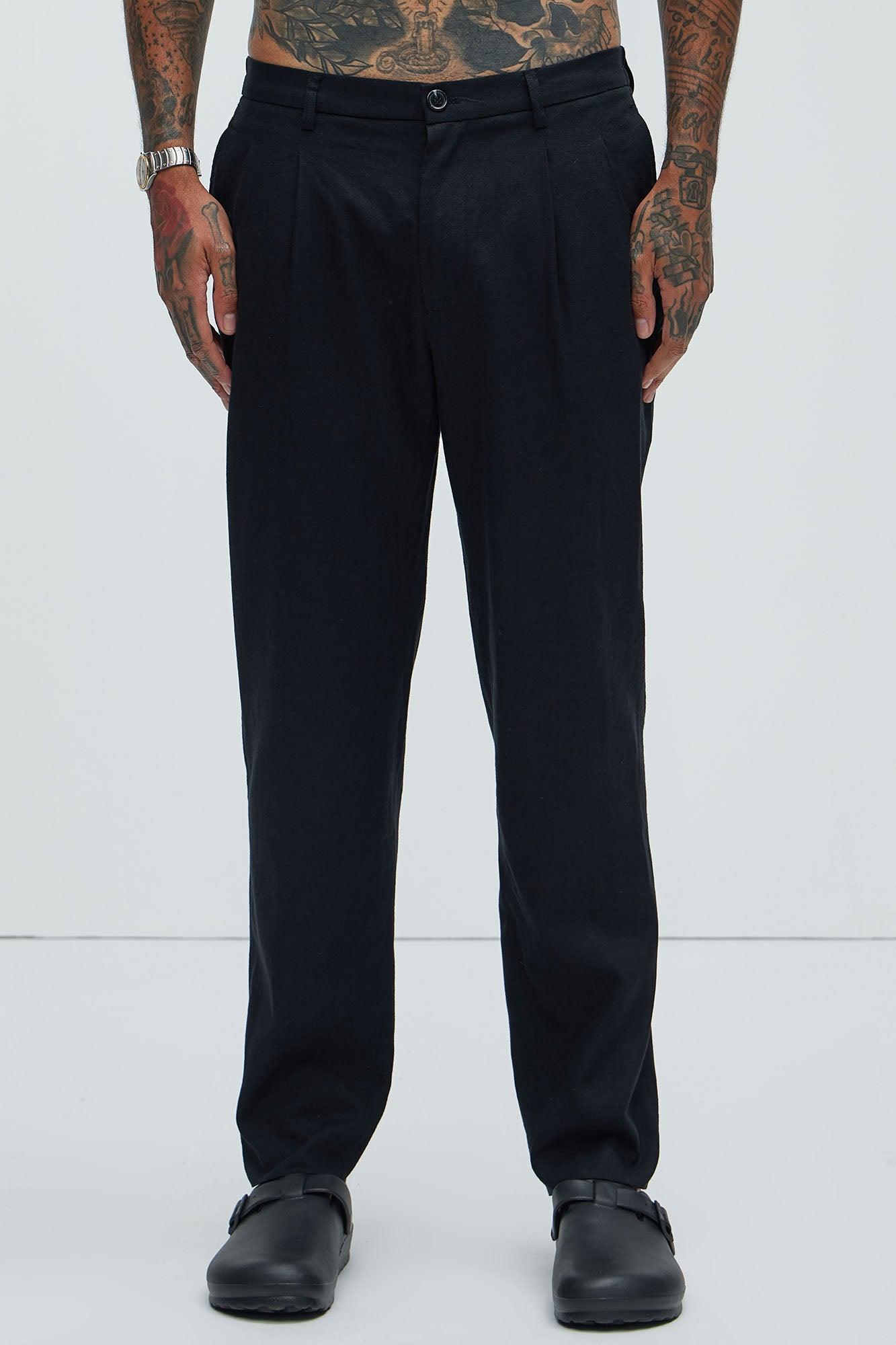 Bahamas Straight Pleated Linen Trousers - Black Product Image