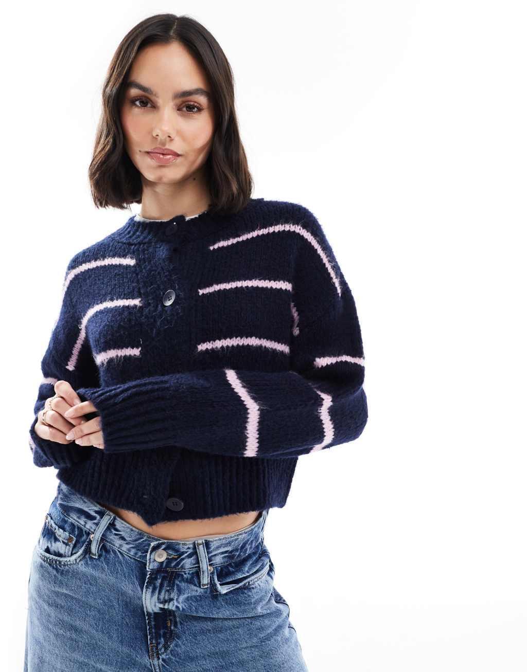 ASOS DESIGN crew neck loose knit cardigan in navy and lilac stripe Product Image