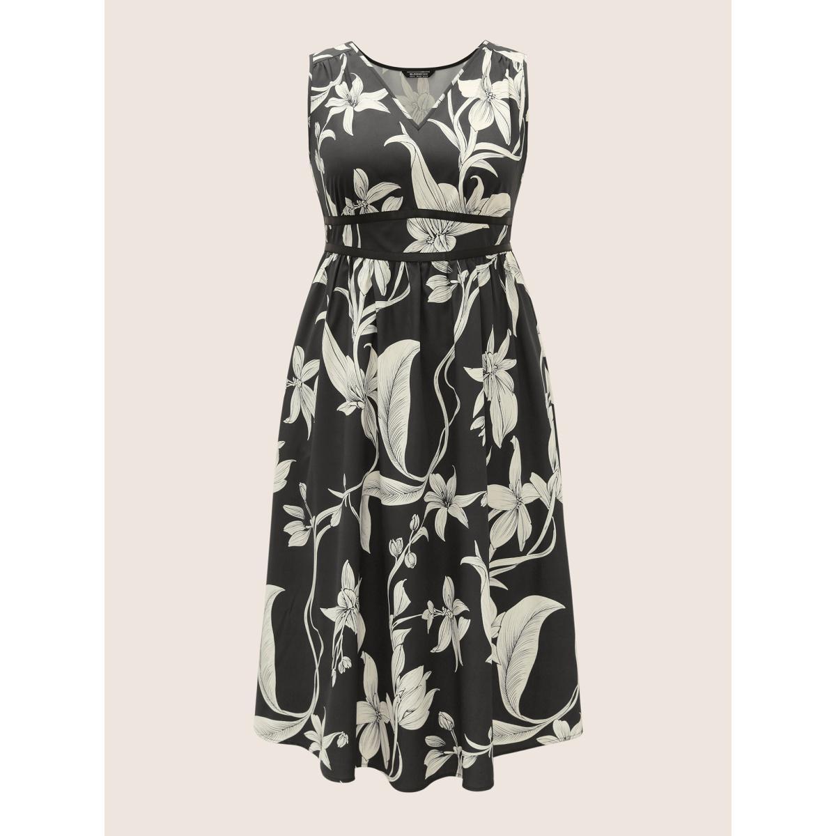 Plus Size Floral Print Gathered Pocket Tank Dress Black Women Casual Pleated V-neck Sleeveless Curvy BloomChic 28/5X Product Image