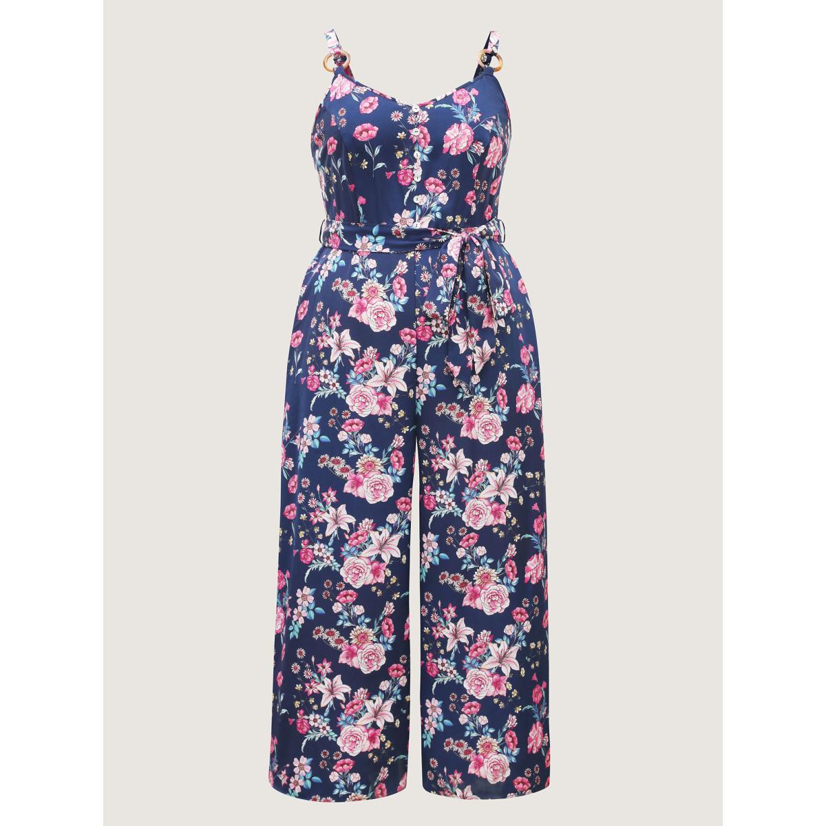 Plus Size Indigo Rosy Print Belted Pockets Jumpsuit Women Sleeveless Non Everyday-Elegant Loose Jumpsuits BloomChic 14-16/1X Product Image
