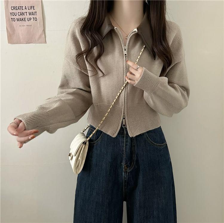 Contrast Faux Leather Collar Zip Cardigan Product Image