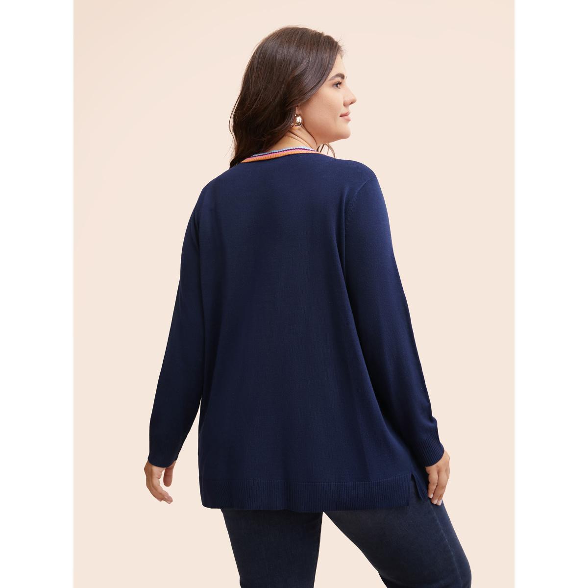 Plus Size Contrast Striped Trim Patch Pocket Cardigan Indigo Women Casual Loose Long Sleeve Everyday Cardigans BloomChic 14-16/1X Product Image