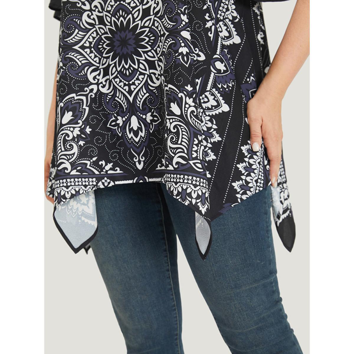 Plus Size Indigo Boho Print Crew Neck Flutter Sleeve Hanky Hem Blouse Women Vacation Short sleeve Round Neck Dailywear Blouses BloomChic 26/4X Product Image