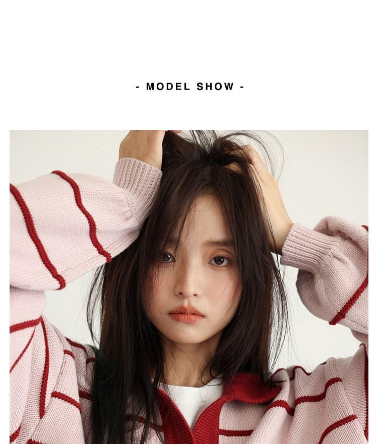 Long Sleeve V-Neck Color-Block Striped Loose-Fit Sweater Product Image