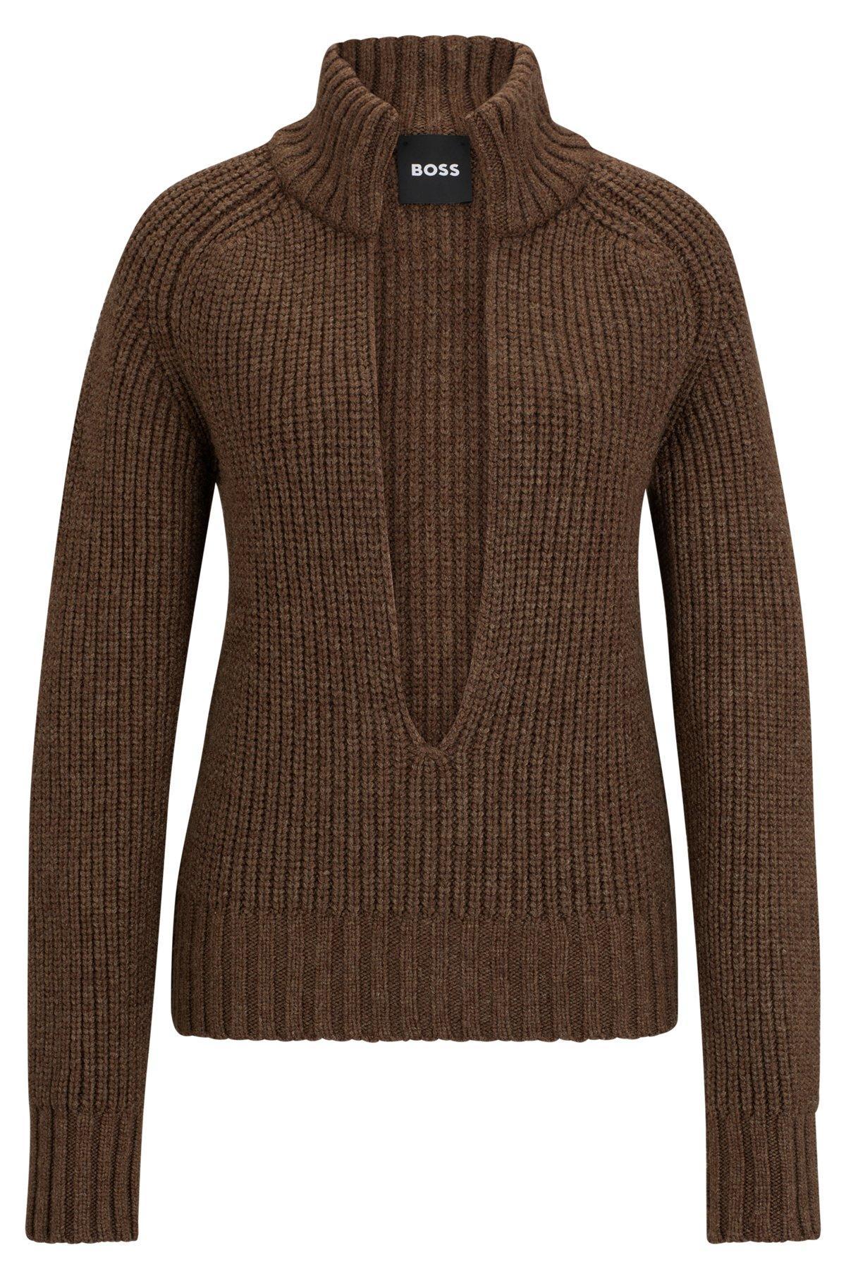 BOSS - V-neck sweater in a wool and silk blend - Brown Product Image