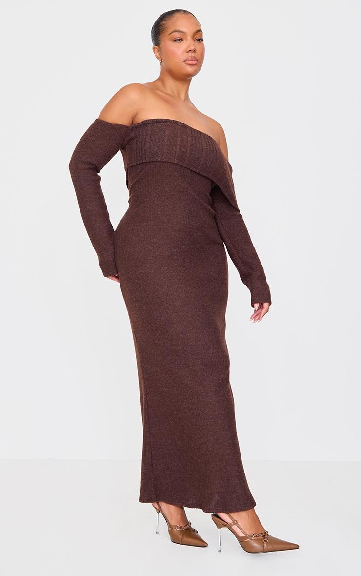 Plus Chocolate Brushed Rib Bardot Maxi Dress Product Image