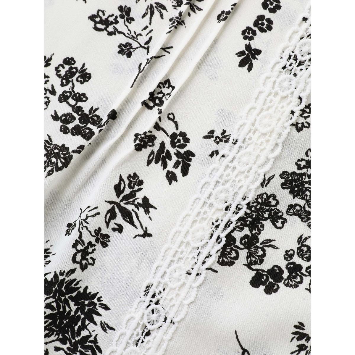 Plus Size Originalwhite Floral Print Plicated Detail Blouse Women Elbow-length sleeve Notched collar Everyday-Elegant Blouses BloomChic 26/4X Product Image