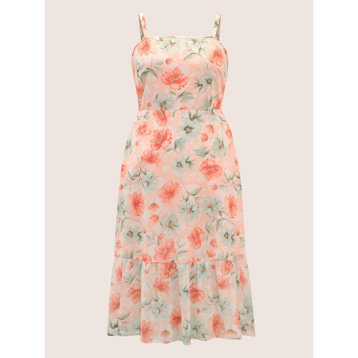 Plus Size Watercolor Floral Shirred Ruffle Hem Cami Dress Crepe Women Elegant Shirred Strapless Sleeveless Curvy BloomChic 26/4X Product Image