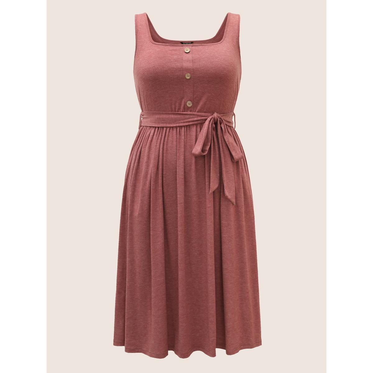 Plus Size Supersoft Essentials Button Detail Belted Gathered Dress Scarlet Women Casual Gathered Square Neck Sleeveless Curvy Midi Dress BloomChic 30/6X Product Image