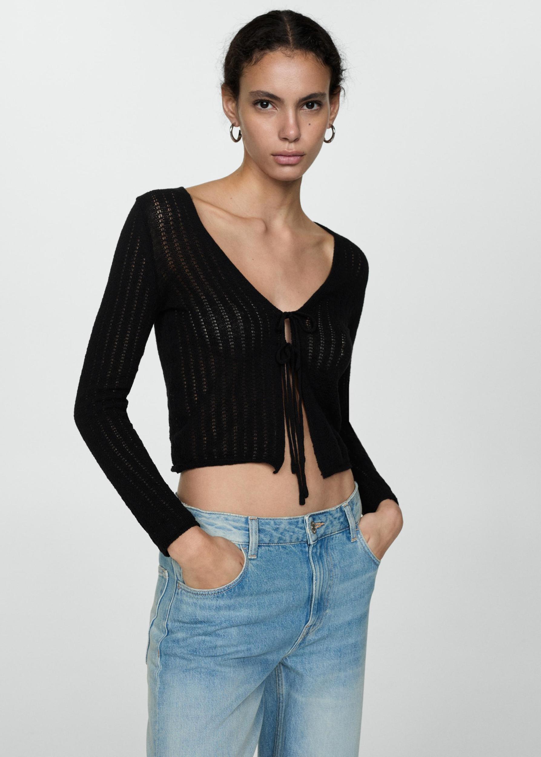 Knitted cardigan with ties - Women | MANGO USA Product Image