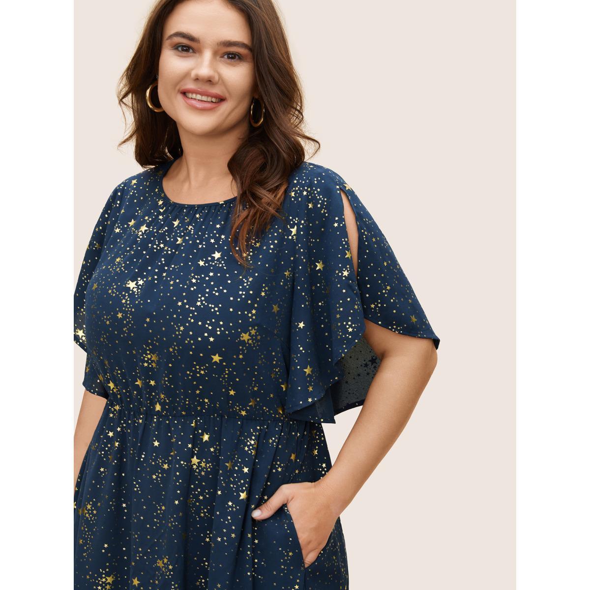 Plus Size Glitter Star Split Sleeve Midi Dress DarkBlue Women Elegant Gathered Round Neck Short sleeve Curvy BloomChic 10/M Product Image