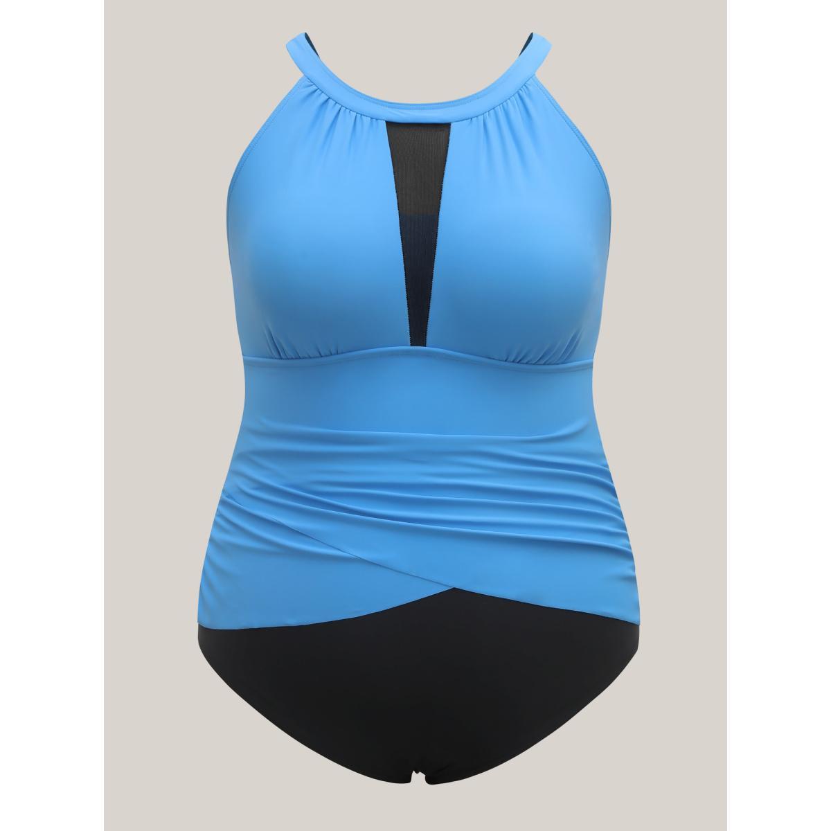 Plus Size Spliced Color Block Ruched One-Piece Swimsuit Women's Swimwear Skyblue Beach Gathered Curve Bathing Suits High stretch One Pieces BloomChic 22-24/3X Product Image