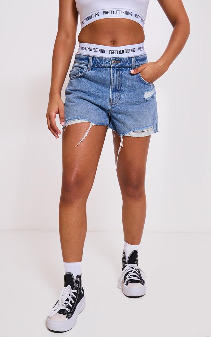 Mid Blue Wash Distressed High Rise Mom Denim Shorts Product Image