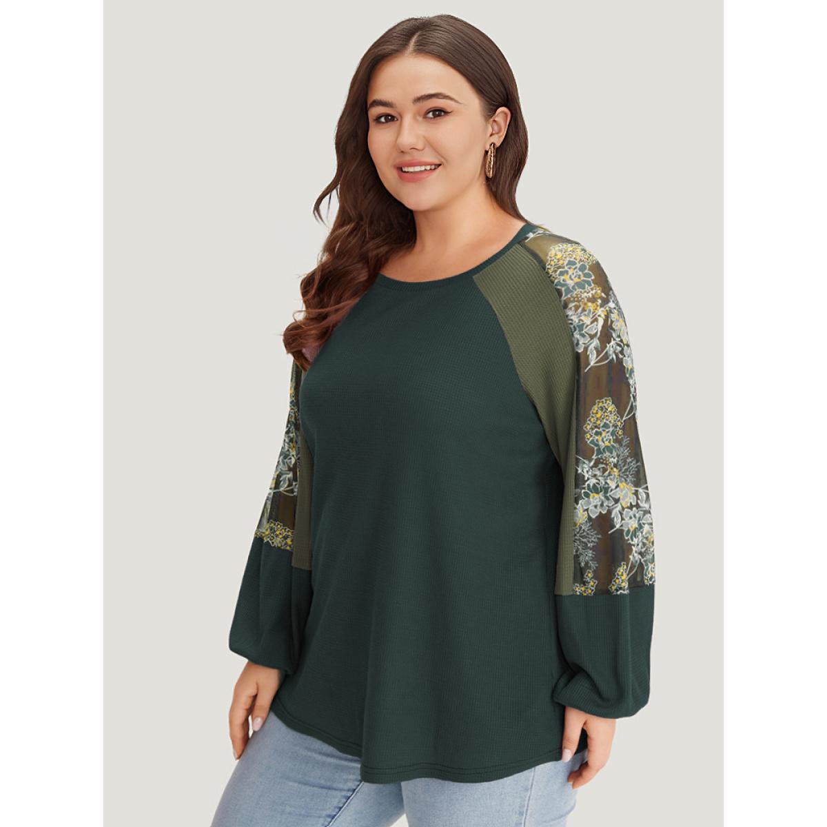 Plus Size Floral Mesh Patchwork Lantern Sleeve Sweatshirt Women Emerald Elegant Patchwork Round Neck Dailywear Sweatshirts BloomChic 14-16/1X Product Image