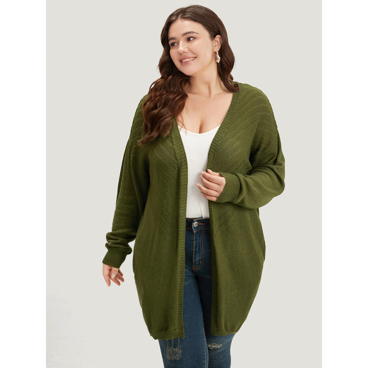 Plus Size Plain Pocket Open Front Cardigan ArmyGreen Women Casual Loose Long Sleeve Dailywear Cardigans BloomChic 10/M Product Image