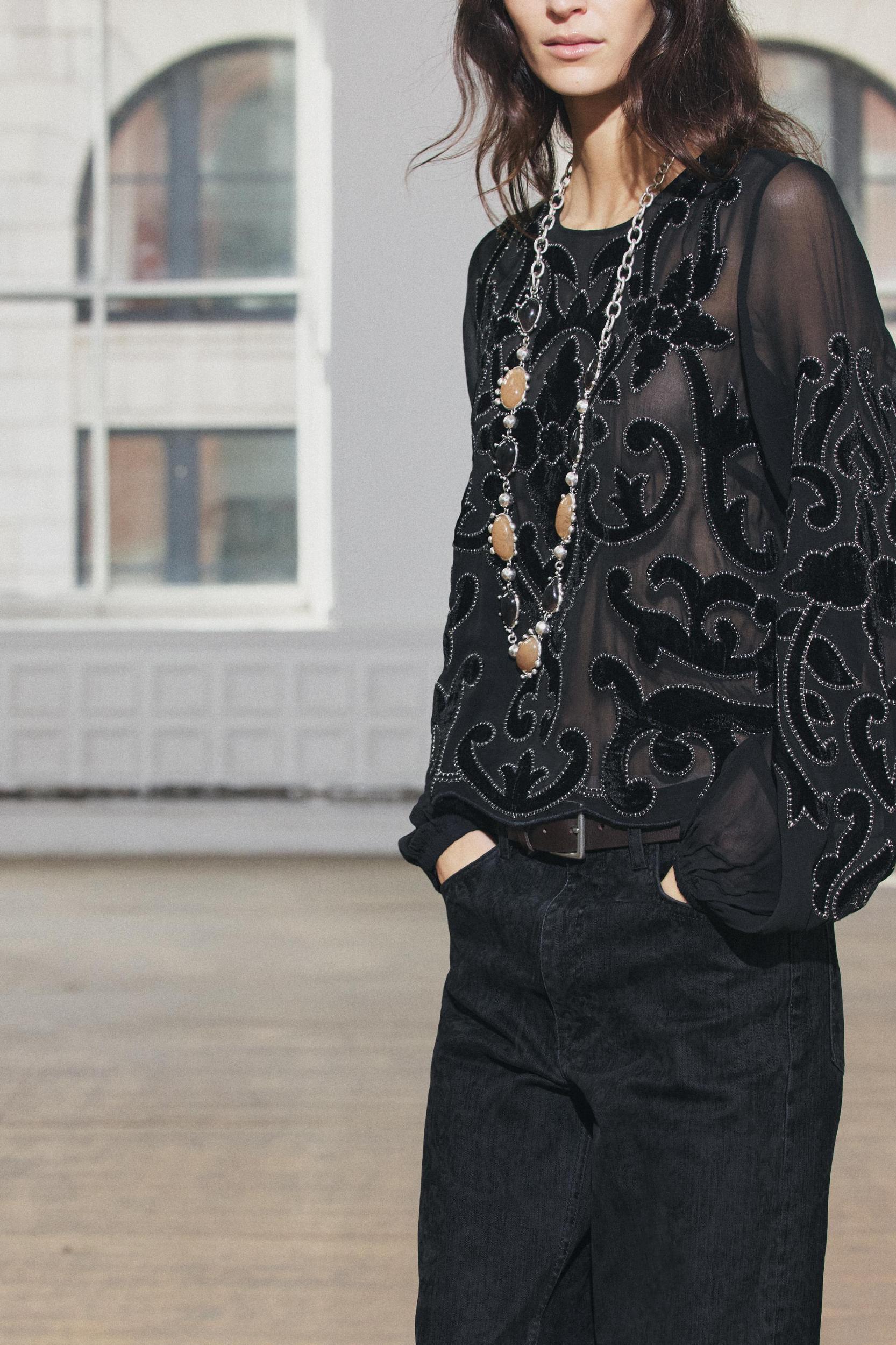 EMBROIDERED VELVET BLOUSE ZW COLLECTION Product Image