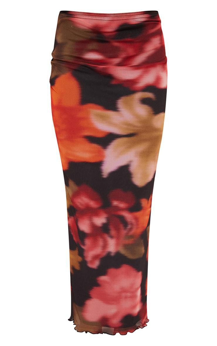 Red Floral Print Mesh Low Rise Midaxi Skirt Product Image