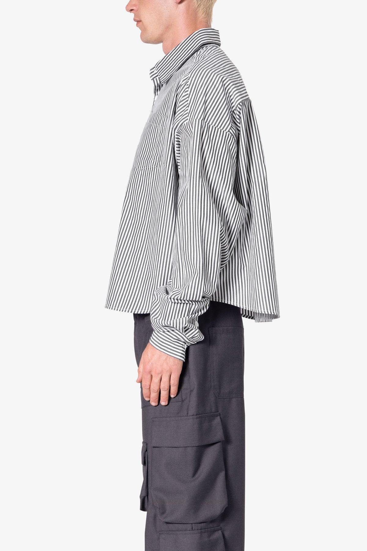 Striped Cropped Button Down Shirt - Black Product Image