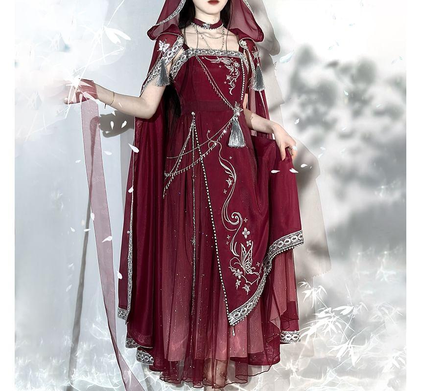 Spaghetti Strap Embroidered Hanfu Midi A-Line Dress / Light Cape / Set Product Image