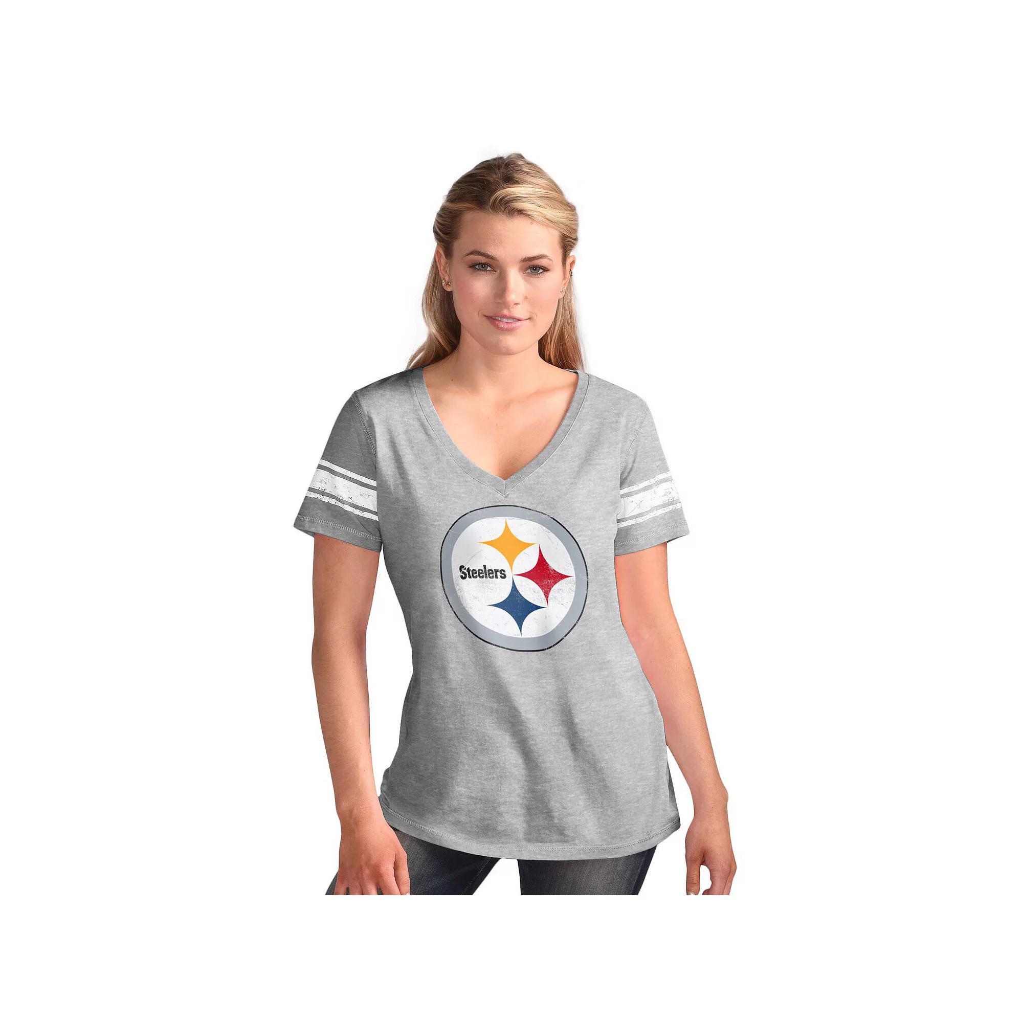 Women's G-III 4Her by Carl Banks  Heather Gray Pittsburgh Steelers First Pick Distressed V-Neck T-Shirt, Size: Small, Grey Product Image