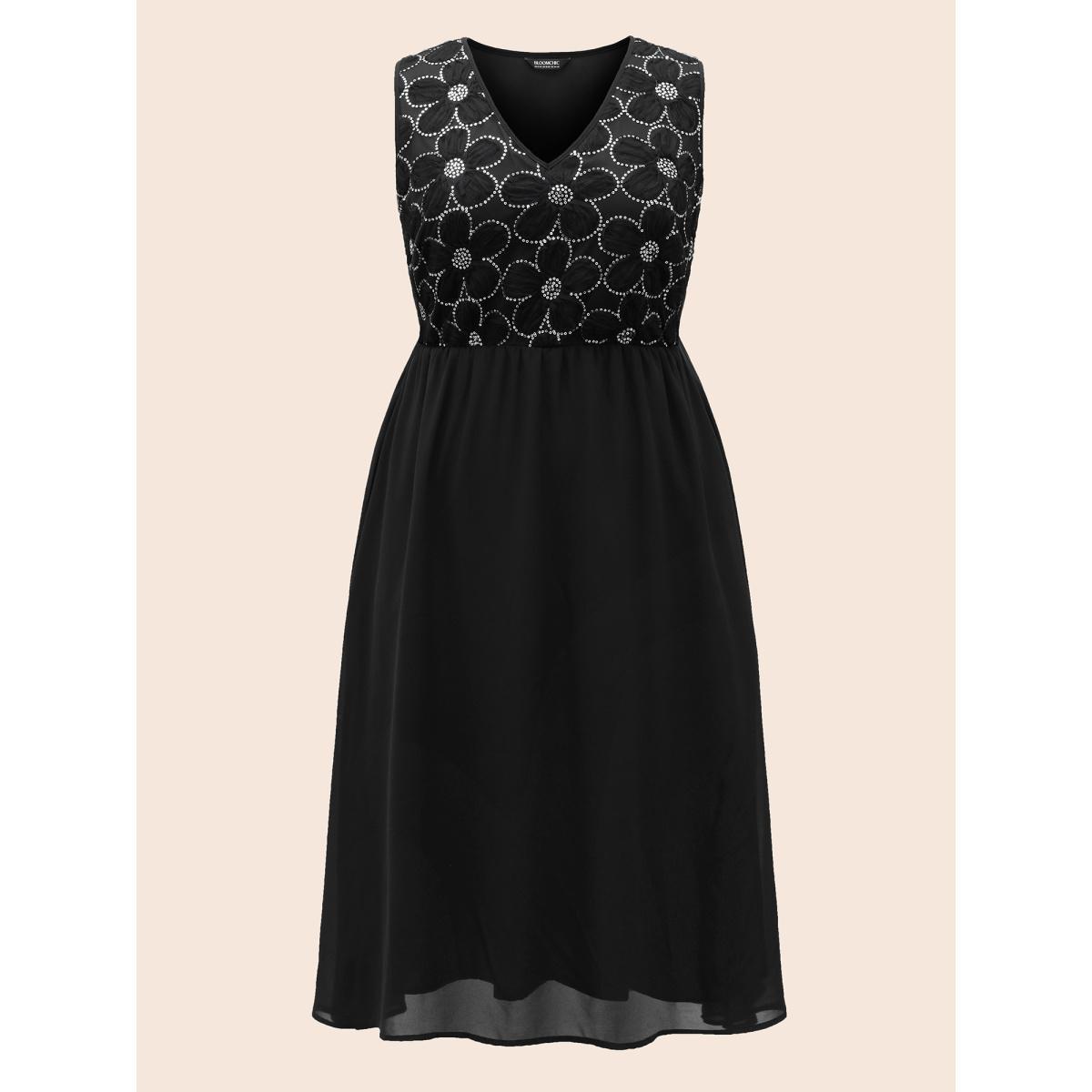 Plus Size V Neck Sequin Floral Patchwork Dress Black Women Formal Texture V-neck Sleeveless Curvy BloomChic 10/M Product Image