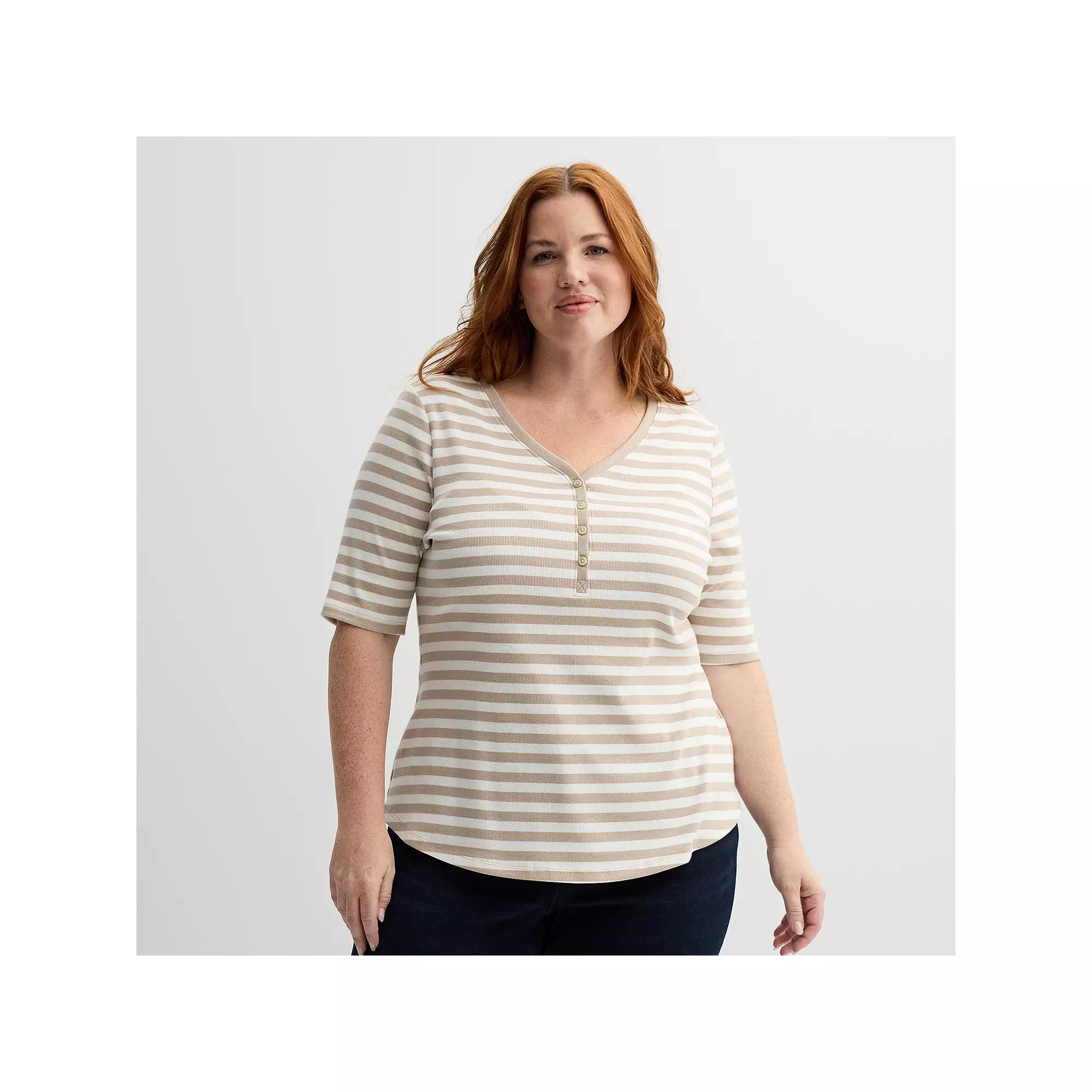 Plus Size Sonoma Goods For Life Slim Fit Elbow Sleeve Henley, Womens Ivory Stripe Product Image