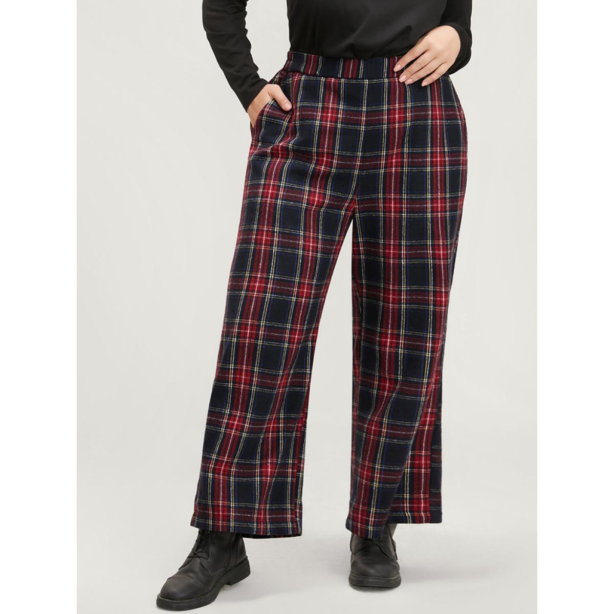 Plus Size Plaid Elastic Waist Pocket High Rise Pants Women Black Elegant High Rise Dailywear Pants BloomChic 26/4X Product Image