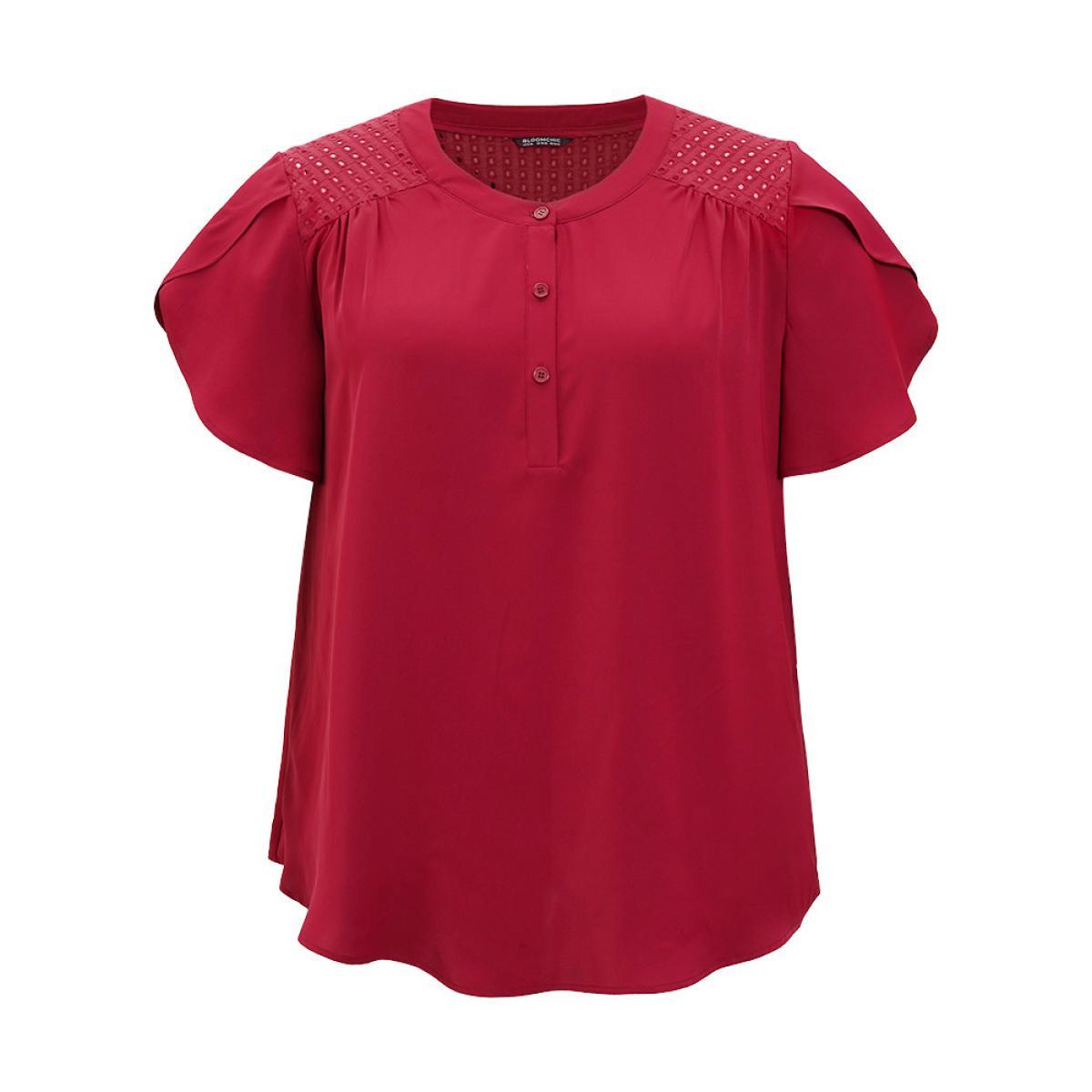 Plus Size Burgundy Plain Patchwork Cut Out Petal Sleeve Blouse Women Office Short sleeve Round Neck Work Blouses BloomChic 12/L Product Image