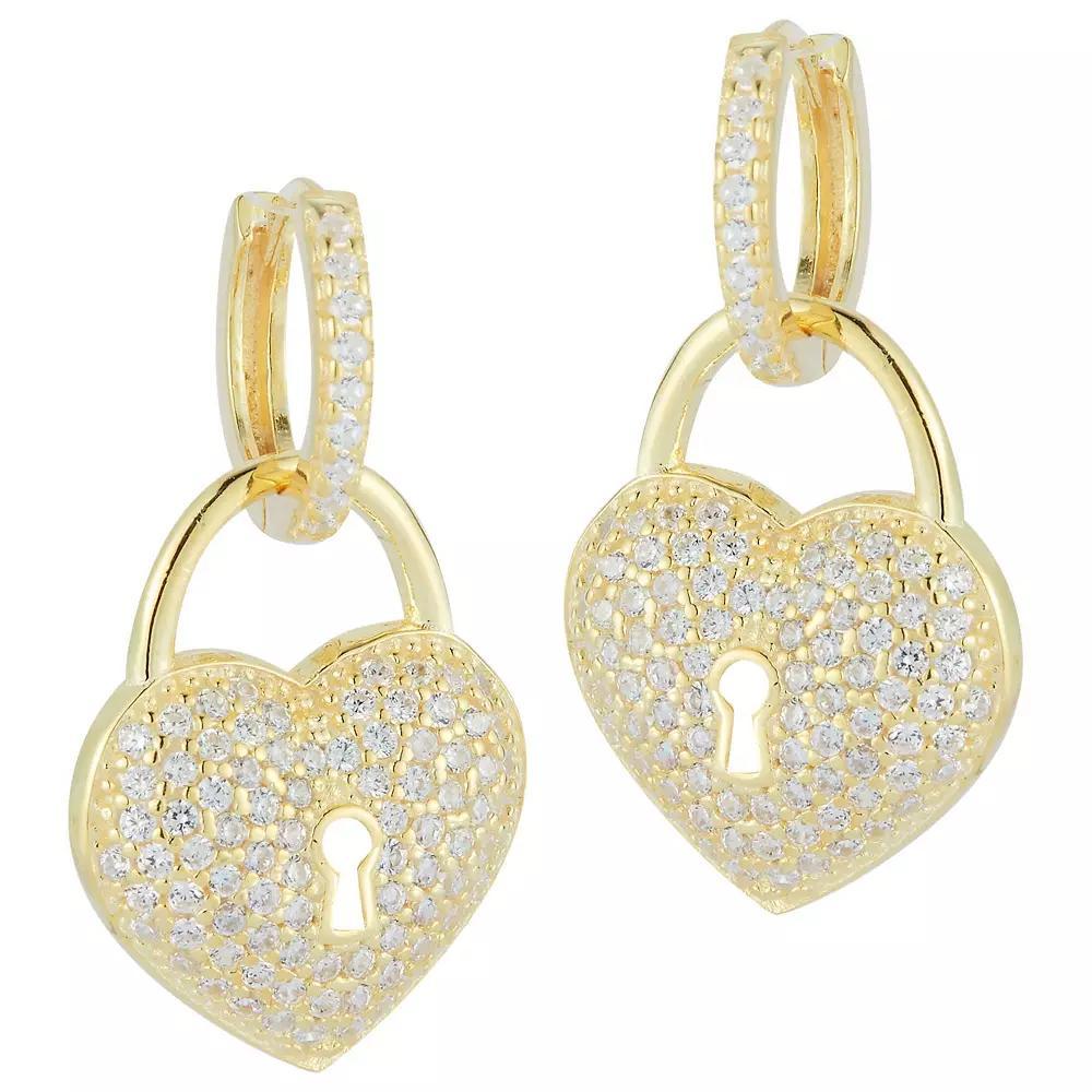 Sunkissed Sterling 14k Gold Over Silver Cubic Zirconia Heart Charm Huggie Hoop Earrings, Women's, Gold Tone Product Image