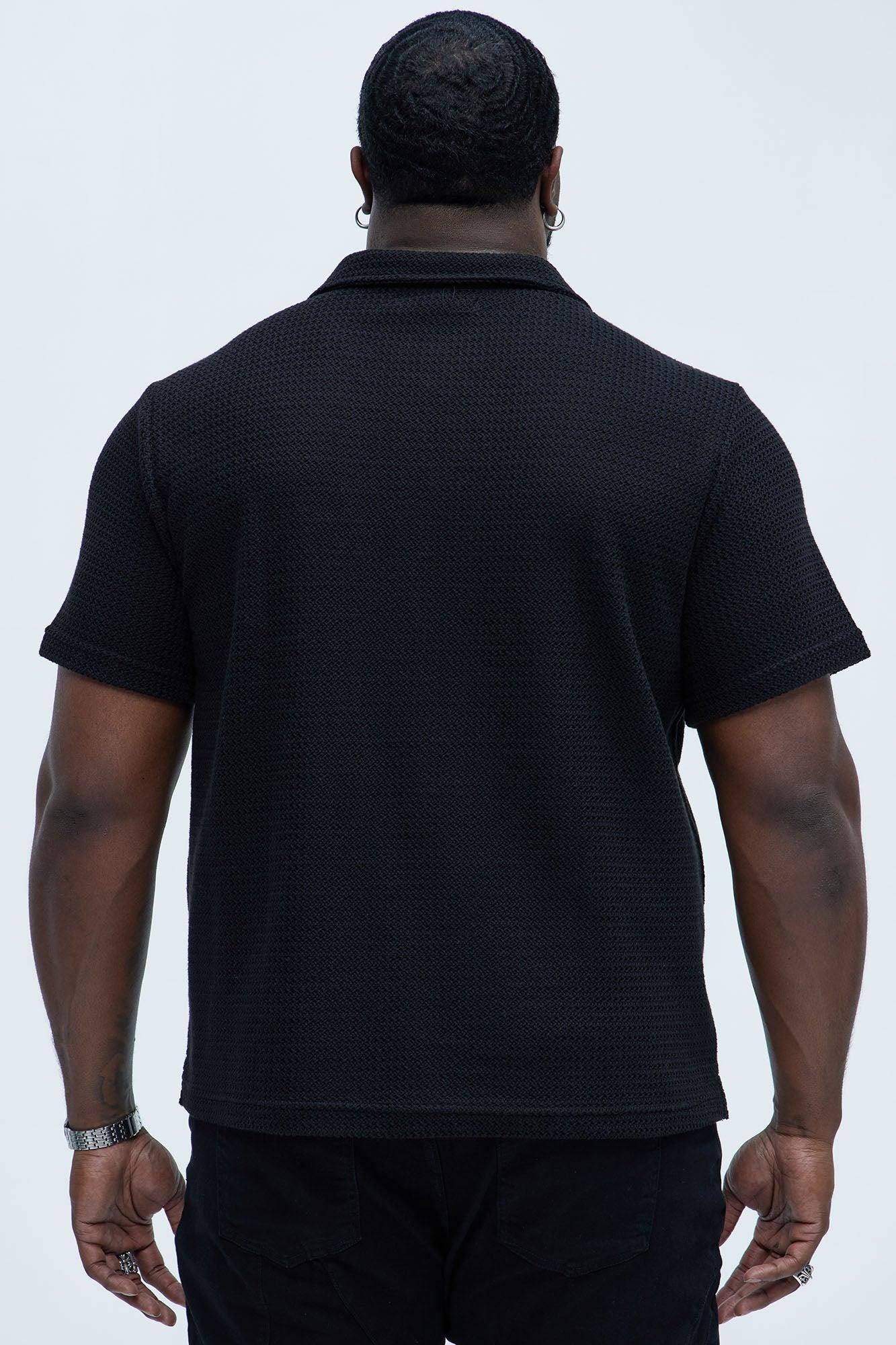 Raffia Texture Knit Johnny Collar Shirt - Black Product Image