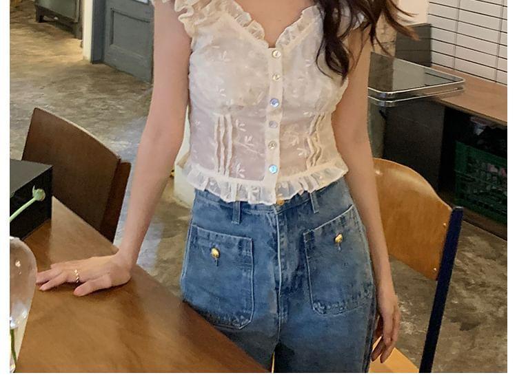 Puff Sleeve V-Neck Embroidered Ruffle Blouse Product Image