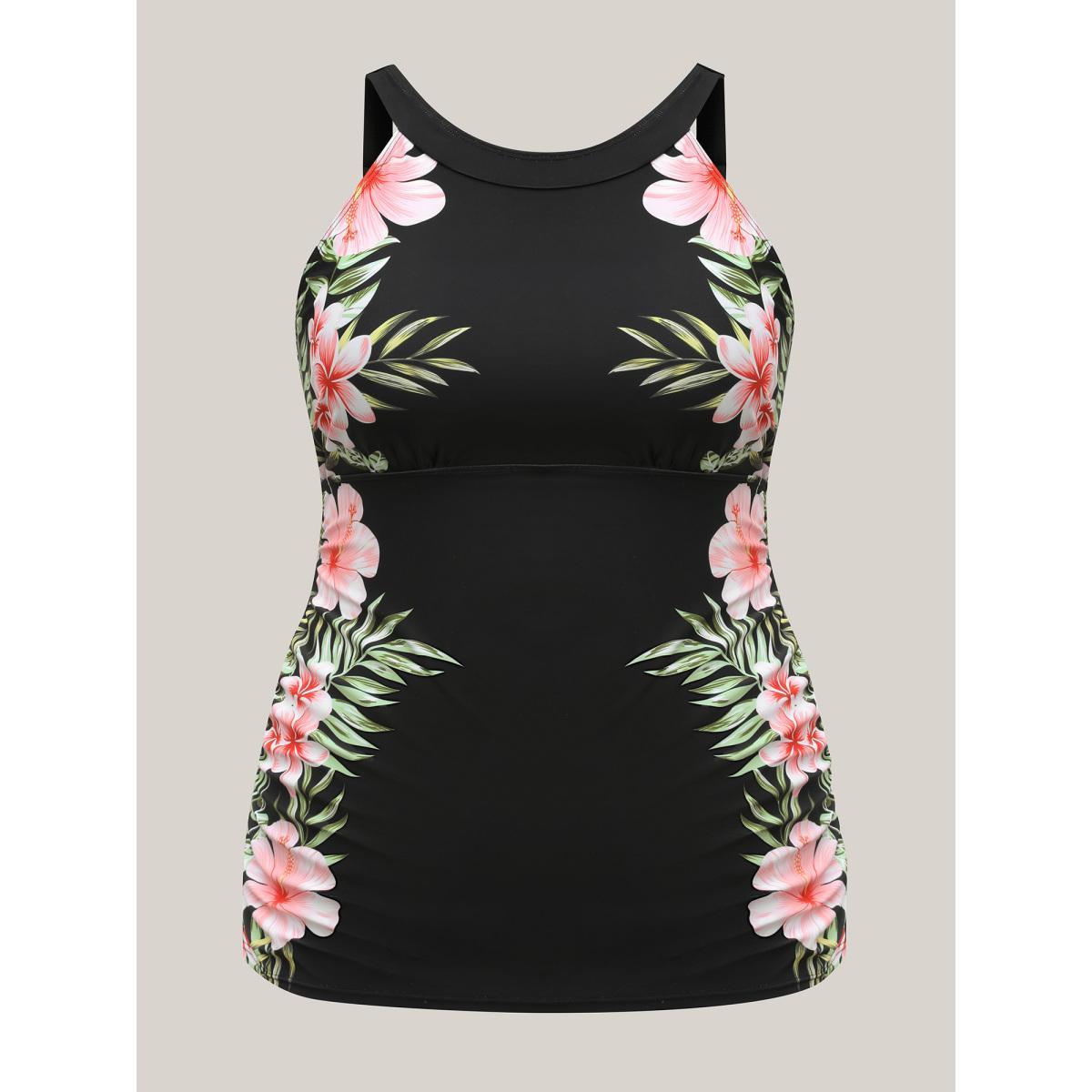 Plus Size Side Floral Pattern Round Neck Swim Top Women's Swimwear Black Beach Gathered High stretch Skinny Halter neck Curve Swim Tops BloomChic 26/4X Product Image