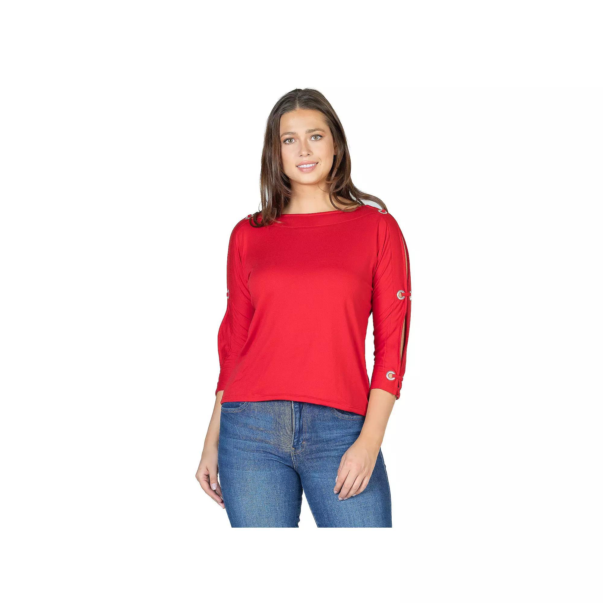 Women's 24Seven Comfort Apparel Three-Quarter Sleeve Boatneck Cold Shoulder Top, Size: XL, Black Product Image