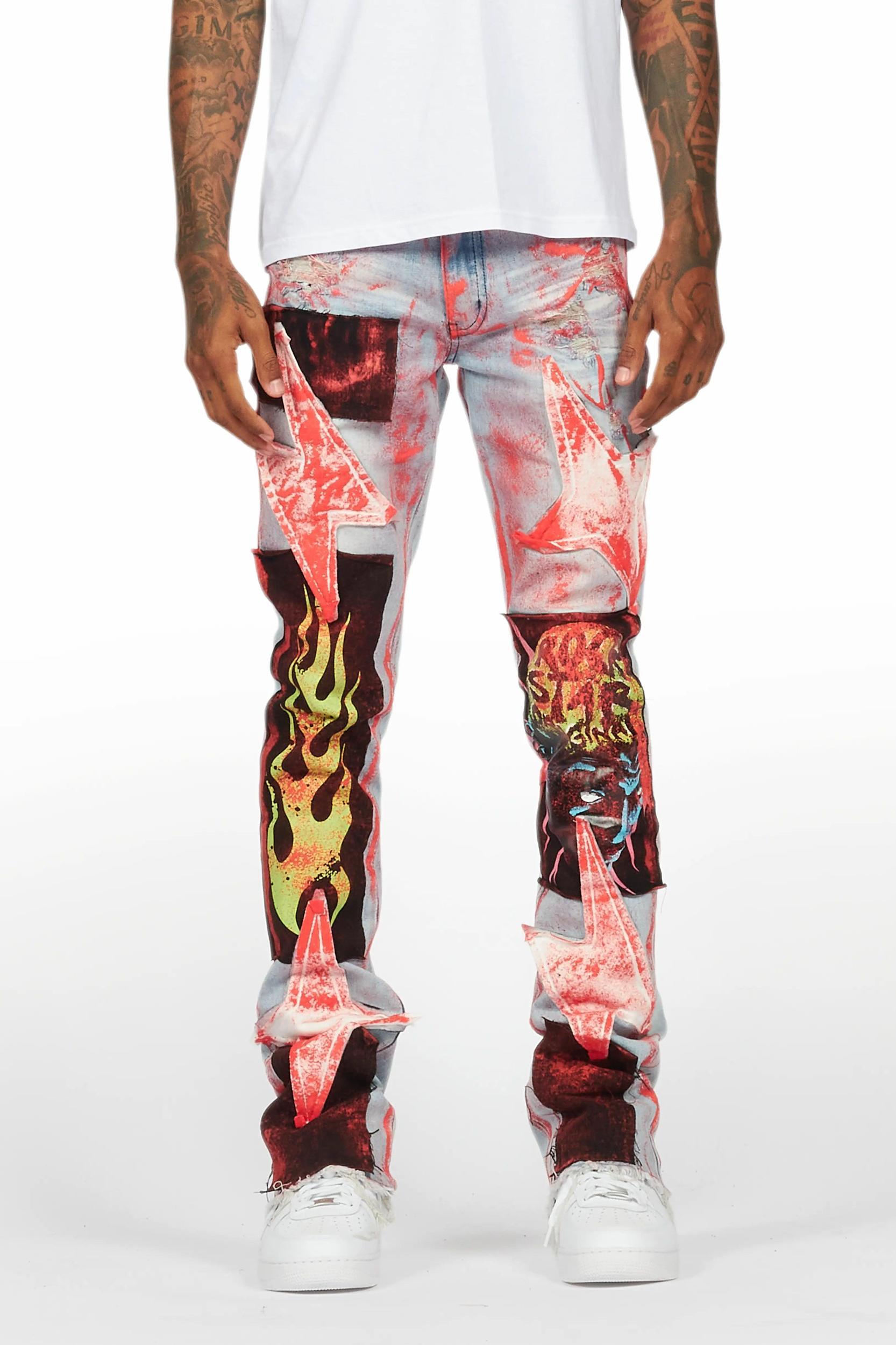 Edge Blue/Red Roller Paint Stacked Flare Jean Male Product Image