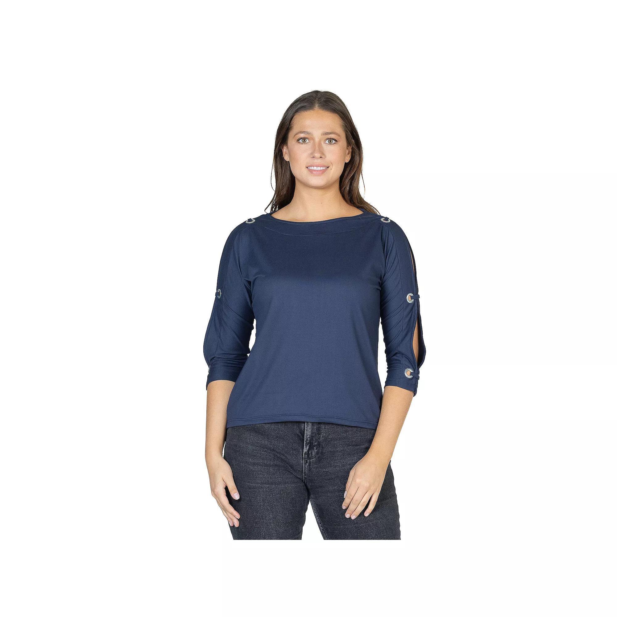 Women's 24Seven Comfort Apparel Three-Quarter Sleeve Boatneck Cold Shoulder Top, Size: Medium, Blue Product Image