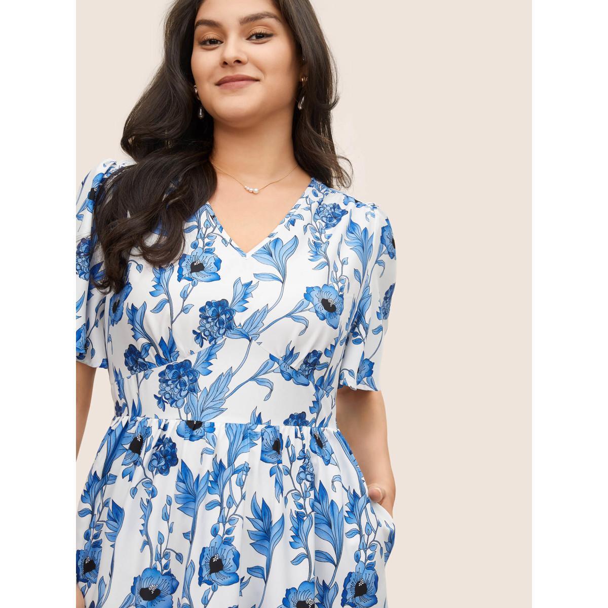 Plus Size Floral Pocket Shirred Elastic Waist Dress White Women Elegant Non V-neck Short sleeve Curvy Midi Dress BloomChic 30/6X Product Image