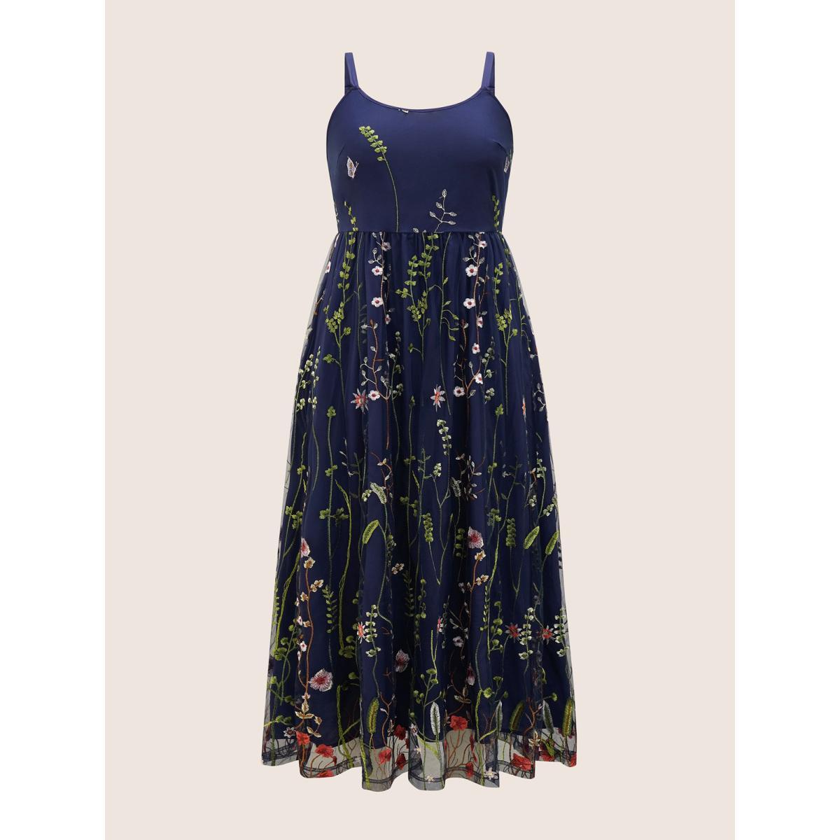 Plus Size U Neck Floral Embroidered Mesh Cami Dress DarkBlue Women Formal U-neck Sleeveless Curvy BloomChic 28/5X Product Image