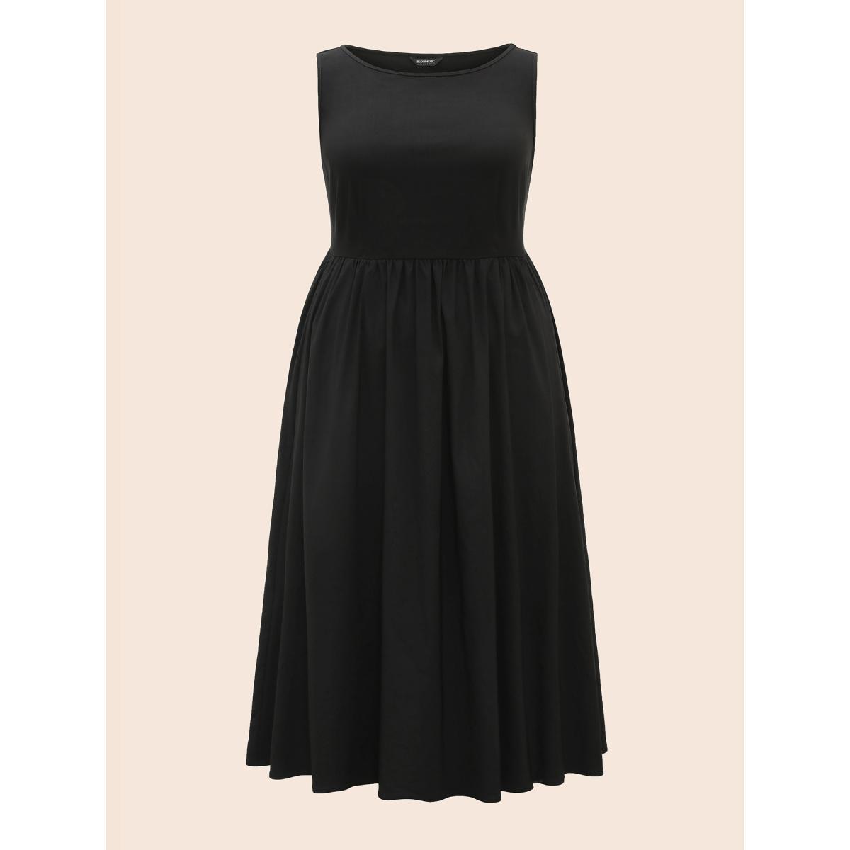 Plus Size Stretch Woven Blend Multiple Splicing Midi Dress Black Women Workwear Essentials Gathered Round Neck Sleeveless Curvy BloomChic 10/M Product Image