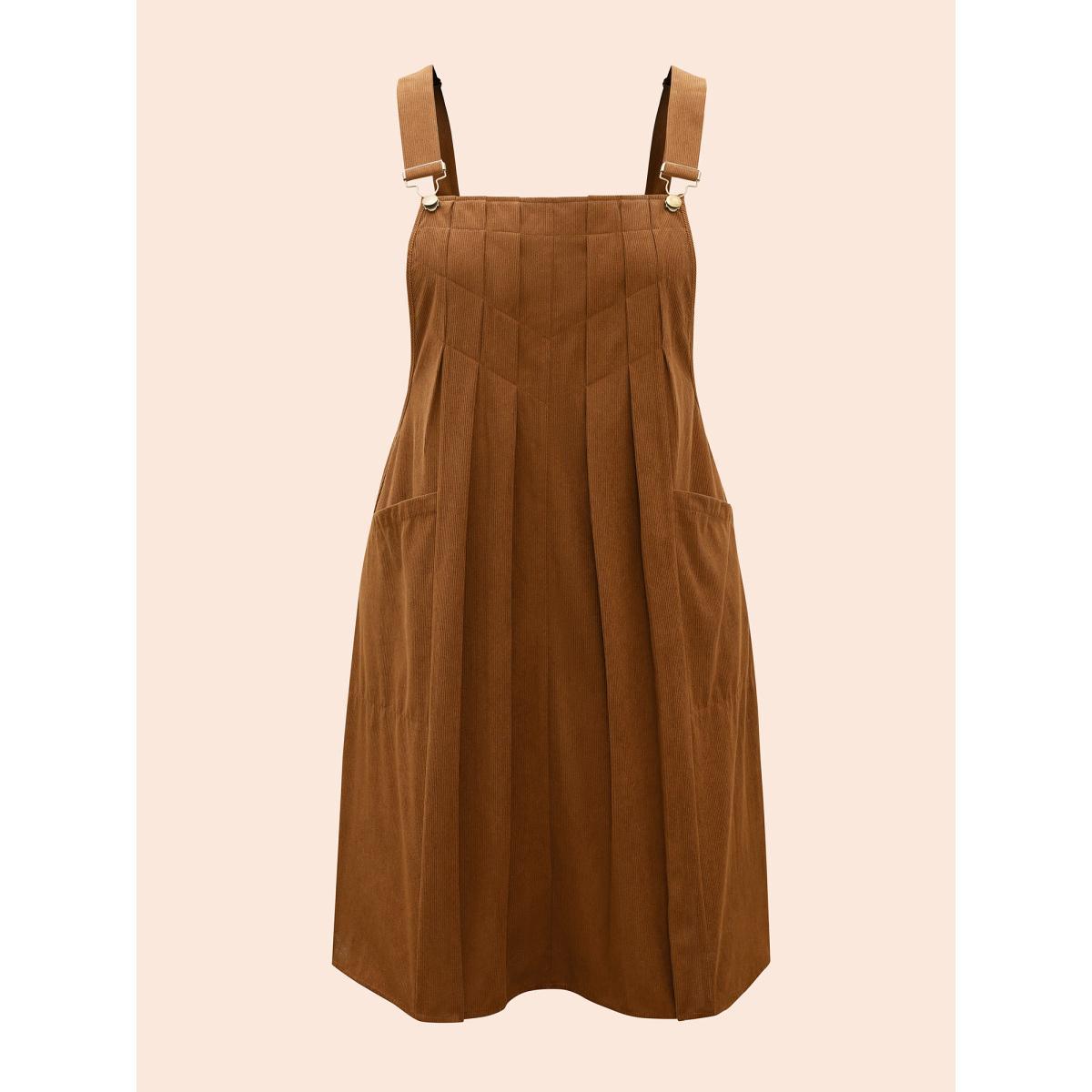 Plus Size Solid Corduroy Pleated Overall Dress Bronze Women Casual Texture Non Sleeveless Curvy BloomChic 26/4X Product Image